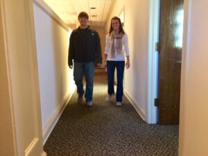 Brian and Josey Butcher walk the halls upstairs in the Clarkesville UMC's new Connection building. Sunday school is held upstairs, contemporary worship services are held downstairs.