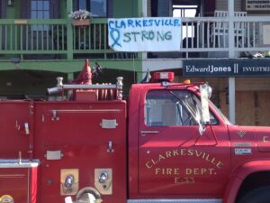  Engine No. 33 was bought by the Clarkesville Fire Department in 1976. It worked every city fire between 1976-2014. It's final duty was on the Clarkesville Square in March 2014 following a devastating fire that nearly destroyed half of the downtown square. Engine No. 33 stood guard for four days outside the burned out buildings and was used to put out hot spots after the initial blaze died down.