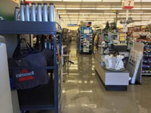 Store aisles flooded. It took employees five hours to clean up the mess.