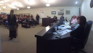 Clarkesville Main Street Director Mary Beth Horton speaks before a standing room only crowd at the Clarkesville City Council meeting on Feb. 2.