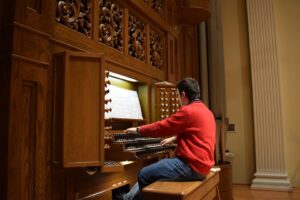 Nikolai rehearsing his pieces late into the evening.