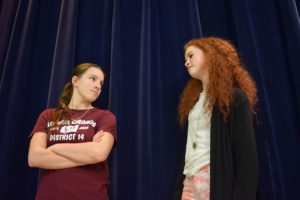 Miss Hannigan (Destiny Monego) and Amelia Lathem (Annie) rehearse an orphange scene in Annie.