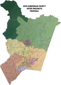 The new Batesville/Cool Springs precinct is in dark green. Fork/Falling Water/Demorest is in yellow. Alto/Mud Creek/View is the brown section in the southwest part of the  map. Those living in the light green section will vote at the Aquatic Center while those in the orange will vote in Cornelia.