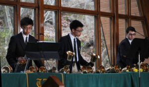 Handbells from left: Jason Hou, Jerry Lin, and Benjamin Shabat.